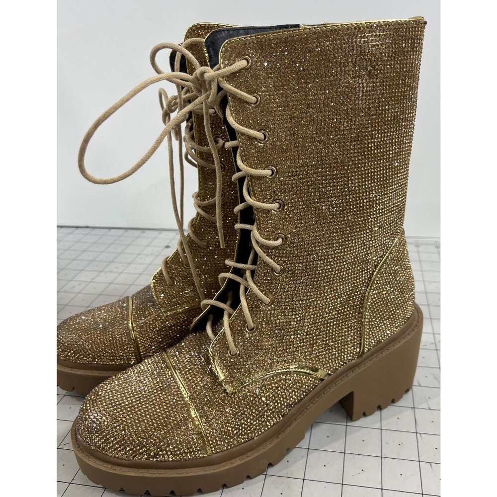 Vigo Fiore Women's Gold Rhinestone Lace Combat Boots Rosalba Sz. 7.5 Side Zip - Picture 8 of 14